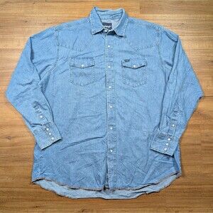 Wrangler Western Pearl Snap Denim Shirt Mens Size 2XLT Long Sleeve Tall Cowboy